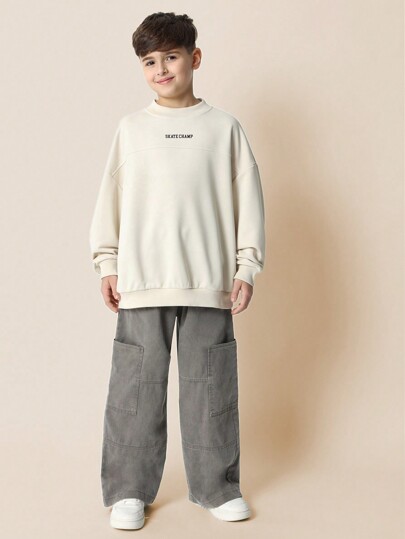 SUMWON Skate Champ Two Piece Boys Co-Ord Set Oversized Sweatshirt Wide Leg Utility Cargo Pants Streetwear Winter Fashion Youth Casual Everyday Comfort
