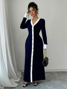 Selianne 女式长袖前扣双色连衣裙 女式长款套装 - 藏蓝色 - 查看 6