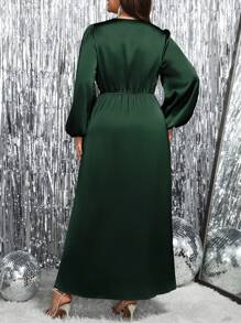 SHEIN Unity 1件女款大尺碼深綠色優雅緞面長洋裝，適合秋季，奢華派對宴會生日穿著，交叉裹身V領燈籠袖長裙 - 墨綠色 - 查看 2