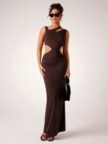 Glamine Vestido asimétrico sin mangas de punto elegante y sexy de color marrón café con escote hueco para mujeres, atuendo largo para otoño/invierno, Año Nuevo y Día de San Valentín