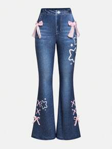 SHEIN Lunivi Tween-Mädchen Schlaghose mit Denim-Effekt-Print, Schmetterlingsdekor und ärmellosem Neckholder-Top, lässiges 2-teiliges Set für Jugendliche