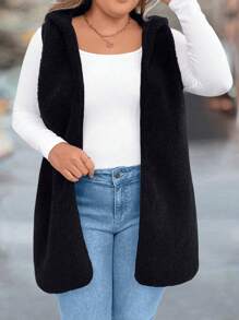 SHEIN LUNE Plus Size Fluffy Sleeveless Double Layer Hooded Jacket - Black - View 4