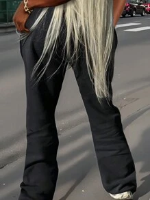 INAWLY 女士休闲纯色抽绳腰运动裤 - 黑色 - 查看 2