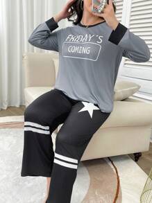 Pijama de cuello redondo casual con estampado, de manga larga