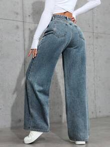 女式口袋宽松阔腿休闲百搭牛仔裤 - 中等水洗藍 - 查看 2