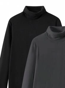 SHEIN 2 pièces/set Hauts à manches longues en polaire col roulé décontractés et polyvalents pour garçons adolescents, assortiment blanc et noir