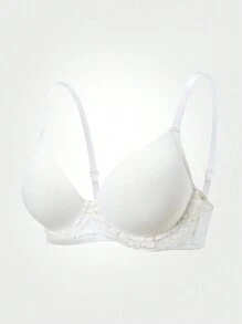 Lace Patchwork Solid Seamless Bra With Underwire Thin Cup, Comfortable Cleavage Lift - White - View 3