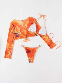 3pcs Women Tie Dye Printed Beach Outfit: Frill Trim Jacket, Halter Triangle Bikini Top & High Waist Bottoms Summer - Multicolor - View 4