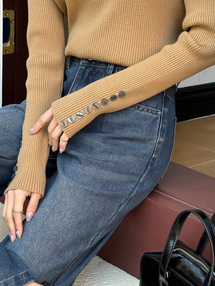 Women's Turtleneck Long Sleeve Button Casual Knit Pullover Sweater,Fall Women Clothes