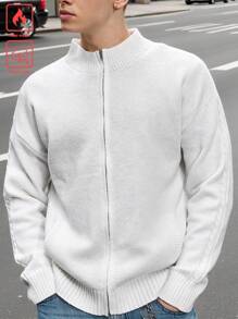 Manfinity Hypemode Men's Casual Solid Color Dropped Shoulder Front Zip Cardigan, Autumn/Winter Going Out Plain White Cardigan, For Husband, Boyfriend Gifts