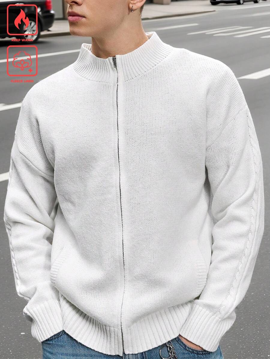 Manfinity Hypemode Men's Casual Solid Color Dropped Shoulder Front Zip Cardigan, Autumn/Winter Going Out Plain White Cardigan, For Husband, Boyfriend Gifts