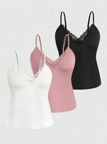 SHEIN Unity Plus Size Solid Color Lace Patchwork Simple Spaghetti Strap Camisole, Casual Everyday Wear - Dusty Pink - View 5