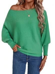 SHEIN LUNE Solid Color Loose Batwing Sleeve Sweater Top Knit Pullover Fall Winter - Green - View 1