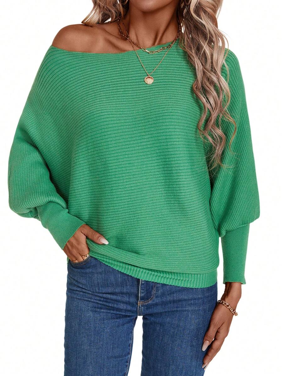 SHEIN LUNE Solid Color Loose Batwing Sleeve Sweater Top Knit Pullover Fall Winter - Green - View 1