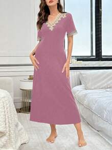 Women's Solid Color Patchwork V-Neck Short Sleeve Casual Nightgown - Pink - View 3