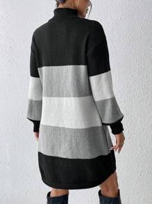 Chiquease 女士高领长袖休闲条纹针织毛衣连衣裙，秋冬 - 灰色 - 查看 2