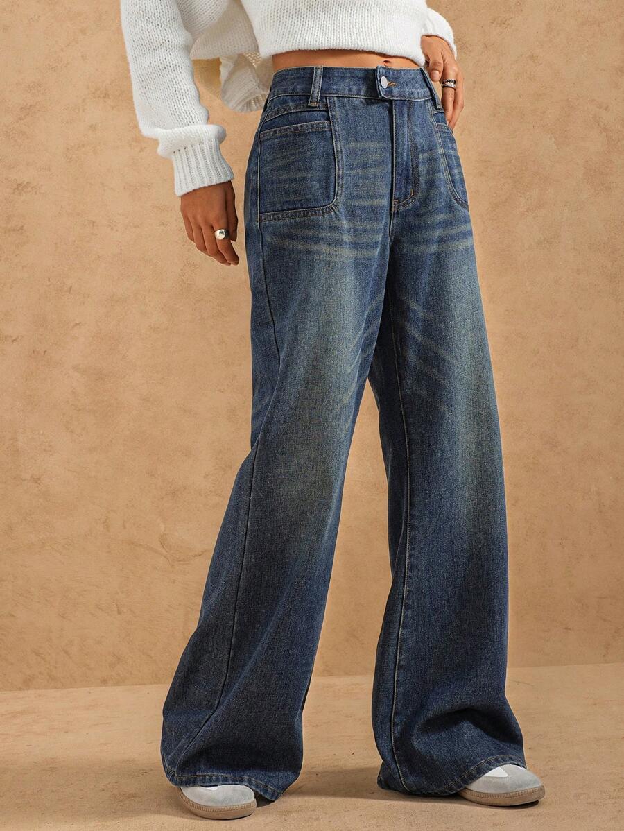 Forever 21 Nouveau pantalon en jean droit régulier à la taille légèrement évasé, spécialement délavé, pour l'automne/l'hiver
