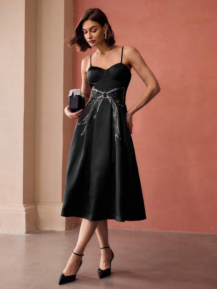 CONTRAST SEQUIN BOW PATTERN BUSTIER SLIP MIDI DRESS