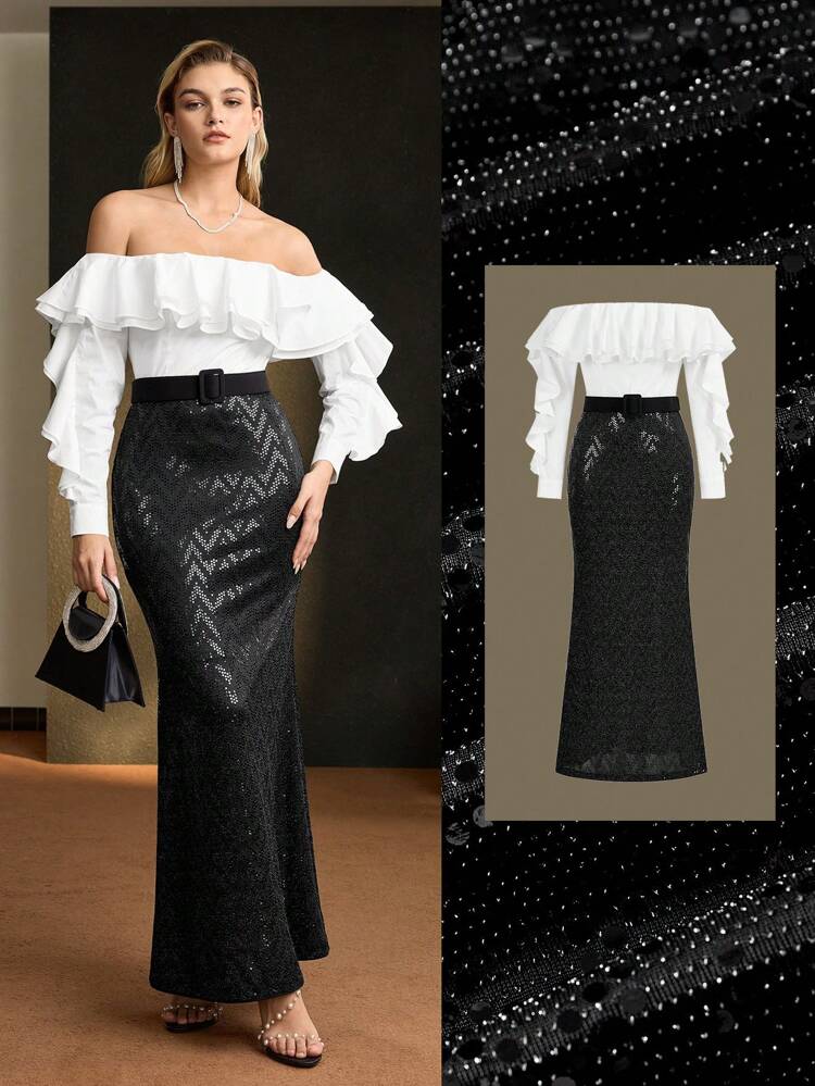 TWO TONE OFF SHOULDER LAYERED RUFFLE TRIM BUCKLE BELTED SEQUIN MERMAID HEM COCKTAIL DRESS