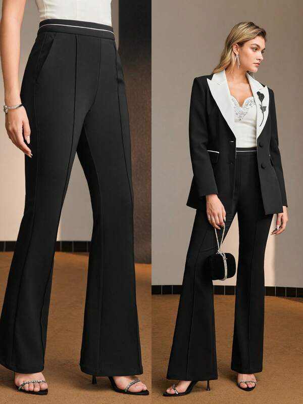 MOTF Soiréza CONTRAST PIPING SEAM FRONT SLANT POCKET FLARE LEG SUIT PANTS