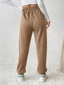 SHEIN PETITE Solid Elastic Waist Spring Sweatpants Simple Fashion Daily Casual - Khaki - View 2