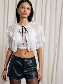 AiiRZ Contrast String Bow Tie Detail Sheer Lace Tiered Crop Cape Top