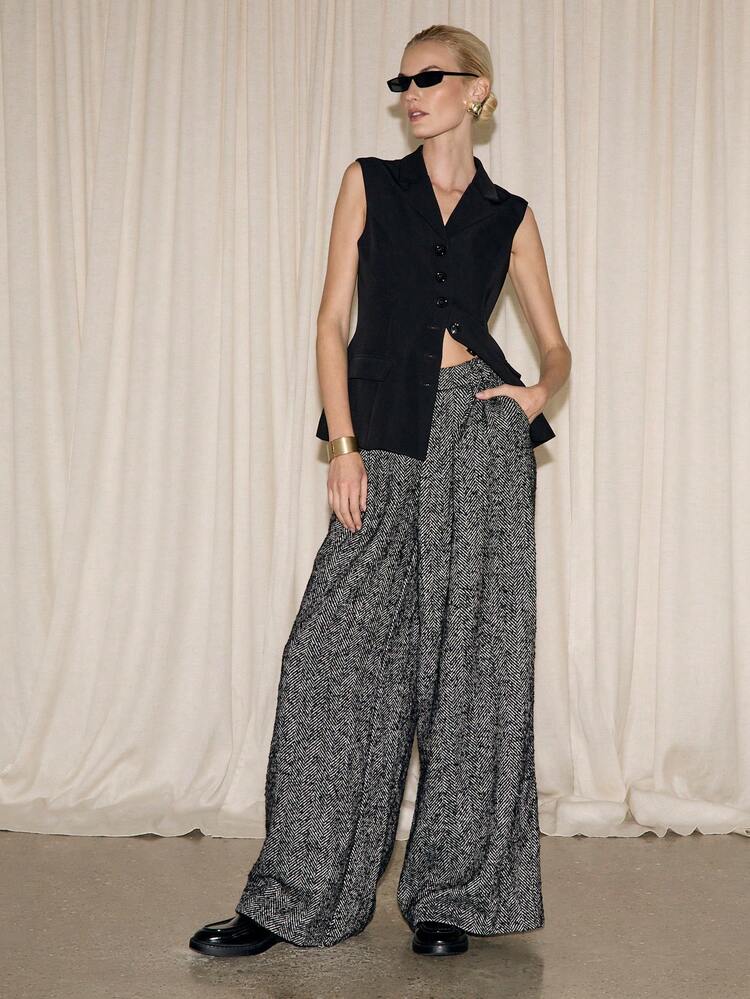 Wide Leg Herringbone Trousers