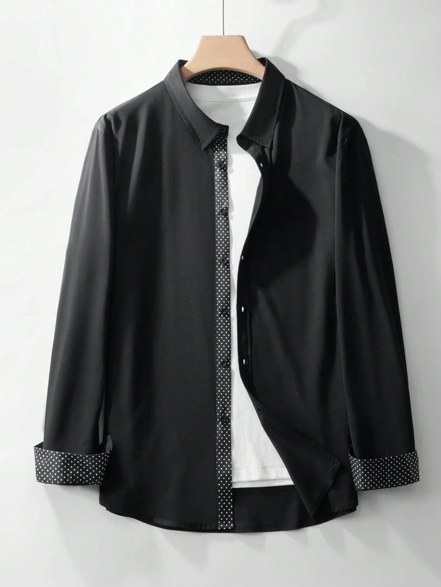 Manfinity Homme 大码男士秋季圆点印花拼接单排扣休闲衬衫 - 黑色 - 查看 1