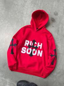 Manfinity EMRG Men's Letter Print Simplistic Casual Hooded Sweatshirt - Red - View 1