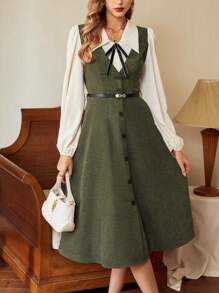 Vintamour Vintage elegantes Damenkleid aus Cord mit Einsätzen, Hemdkleid, Tankkleid mit Tasche, Schleife, Gürtel, V-Ausschnitt, Knopfdekor, hoher Bund, lässiges Regenschirmkleid für den Weg zur Arbeit, A-Linie, langes Kleid für Festivals, Winterkleidung für Frauen, langärmliges Kleid, Neujahrskleider für Damen, elegante Winterkleide für Weihnachten, Damen-Outfit, Urlaubspartykleid