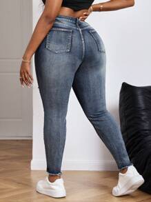 Slaydiva Blue Plus Size Jeans Casual Skinny Stretch Ripped Tights, Fall Women Clothes - Dark Wash - View 5