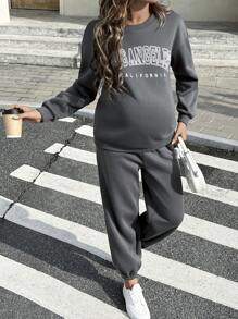 SHEIN 2pcs/Set Maternity Casual Letter Print Round Neck Drop Shoulder Long Sleeve Sweatshirt And Adjustable Waist Pants Set, Autumn