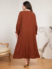 Al Najma 大码阿拉伯拼色休闲运动朴素连衣裙 - 棕色 - 查看 2