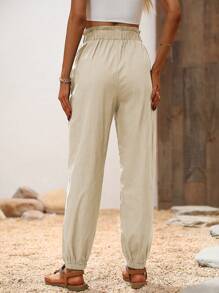 SHEIN Holidaya Paperbag Waist Knot Front Carrot Trousers - Apricot - View 2