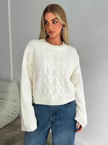 Aloruh Women's Casual Chic Cable Knit Wide Crew Neck Flare Sleeve Warm Loose Sweater, Autumn/Winter - White - View 2