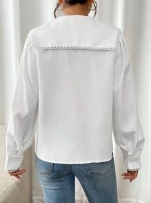 Calvaya Blusa blanca holgada de manga larga con cuello Peter Pan, bajo de encaje y recortes, estilo romántico francés y plisados