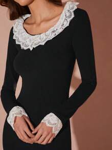 Enchnt 女士优雅舒适长款鱼尾下摆连衣裙，带蕾丝领口和袖口 - 黑色 - 查看 7