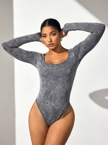 Easithlete Plain Square Neck Slim Fit Casual Long Sleeve Jumpsuit