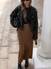 INAWLY Women's Solid Color Corduroy High Waist Front Split Pocket Maxi Casual Skirt, Autumn/Winter - Brown - View 6