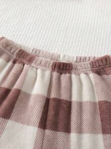 2pcs Tween Girls Flannel Plaid Pants And Solid Beige Long Sleeve Top Casual Pajama Set, Sibling/Matching Outfits (Sold Separately)