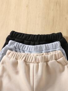 SHEIN Leap Crew 3 件套 Tween 女童宽松休闲简约舒适纯色中腰抽绳运动裤 - 杏色 - 查看 5