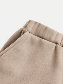 SHEIN Leap Crew Tween 女童时尚休闲针织长袖连帽衫和抽绳裤套装 - 卡其色 - 查看 5