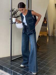 Livesso Women's Casual Denim Vest And Wide Leg Jeans Set - Dark Wash - View 6