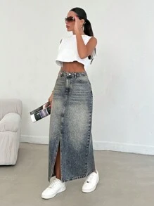 EURMUSE WOMEN LOW WAIST SLASH MAXI SKIRT - Medium Wash - View 3