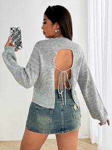 Calvaya Women's Fashion Open Back Lace Up Rib Knit Sweater, Crew Neck Long Sleeve Pullover