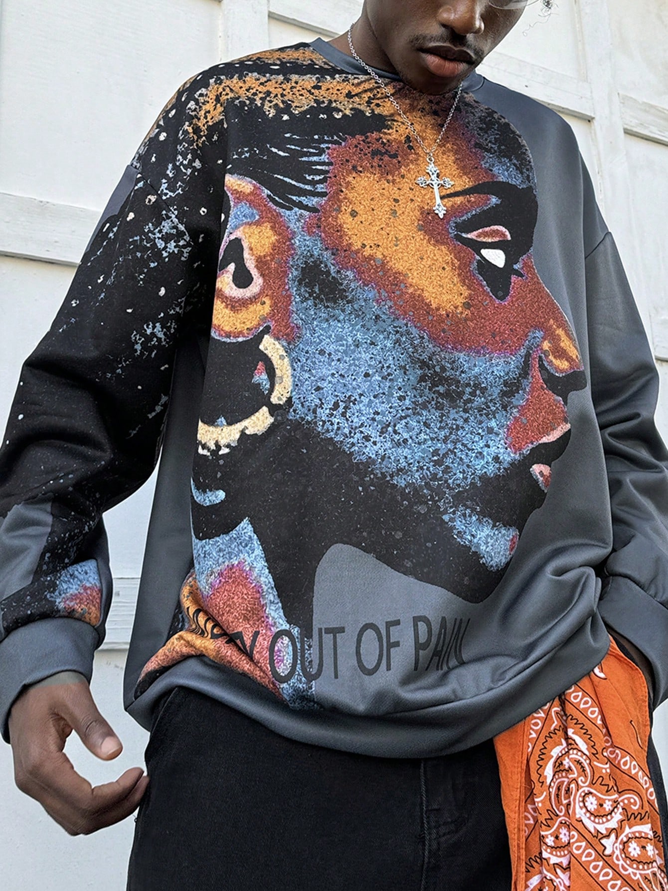 Men's Loose Retro Portrait Thermal Image Print Vintage Round Neck Hoodie, Streetwear Style For Autumn/Winter