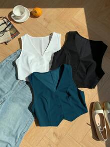 Comfortcana 3pcs Women's Solid Color Single-Breasted Casual Vest Set In Fall/Winter - Multicolor - View 6