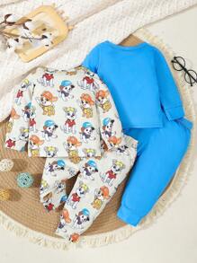 Bộ đồ liền thân in hình chó dễ thương mùa thu/đông cho bé trai, áo dài tay và quần dài, vải nỉ hoạt hình dễ thương, màu be ấm áp và xanh dương tươi mát - Màu xanh lam - Xem 2