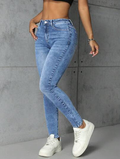 SHEIN Essnce Women Solid Color Pocket Skinny Casual Versatile Denim Jeans Y2k