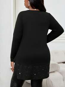 SHEIN Lady 大码纯色圆领亮片拼布优雅长袖 T 恤 Blusa Negra Manga Larga 黑色长袖上衣 - 黑色 - 查看 2